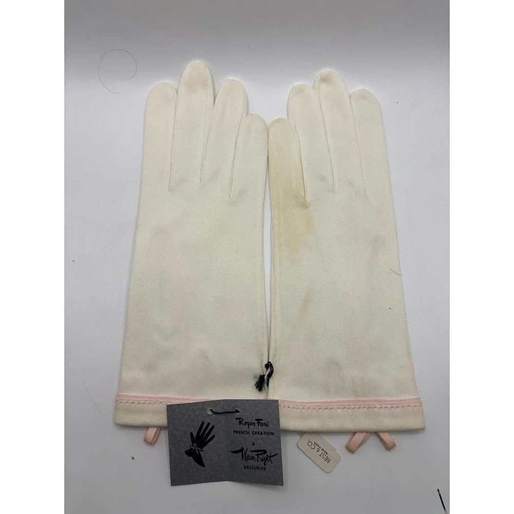 Vtg Roger Fare Wear-Right French Creation Cream Pink Bow Gloves Best & Co NY 7.5